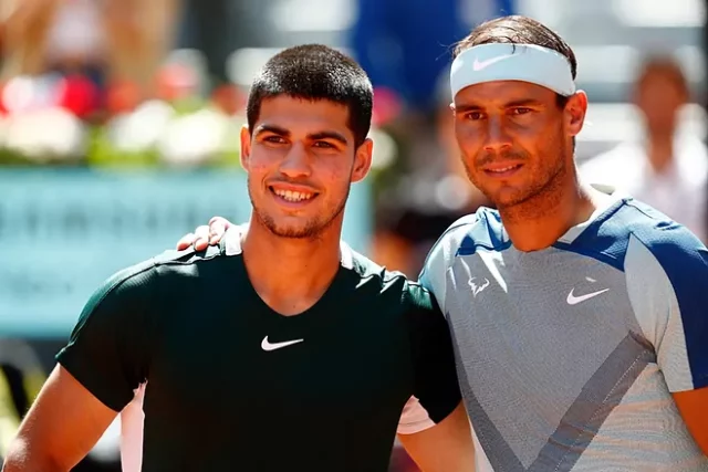 Carlos Alcaraz y Rafa Nadal, durante el Mutua Masters Series de Madrid.