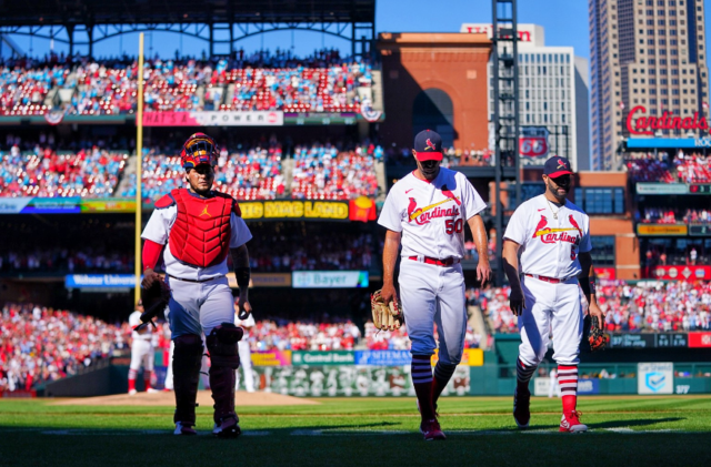 Las tres leyendas Yadier Molina, Adam Wainwrigth y Albert Pujols.