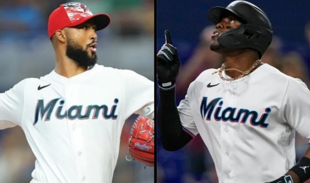 Marlins El abridor Sandy Alcántara y el bateador designado Jorge Soler.